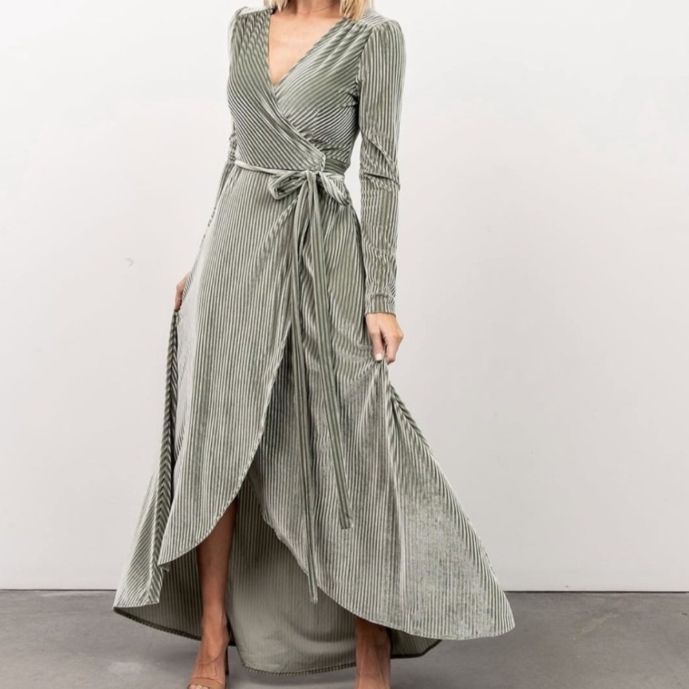 Baltic Born Jada Dress L Sage Green Ribbed Velvet Wrap Maxi Asymmetrical Hem